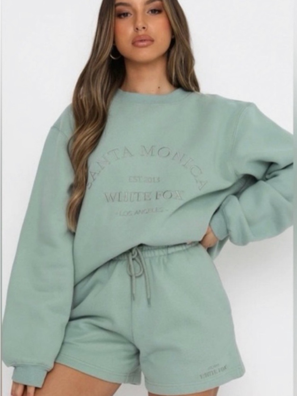 White Fox Sage Green Cozy Sweatshirt & Shorts Set XL/ L NWT
